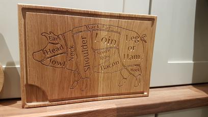 Carving board with the different pig meat cuts carved in