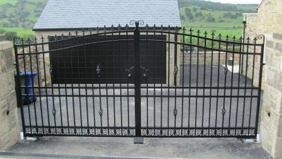 Wrought Iron double leaf pair of electric gates. Galvanised and powder coated black